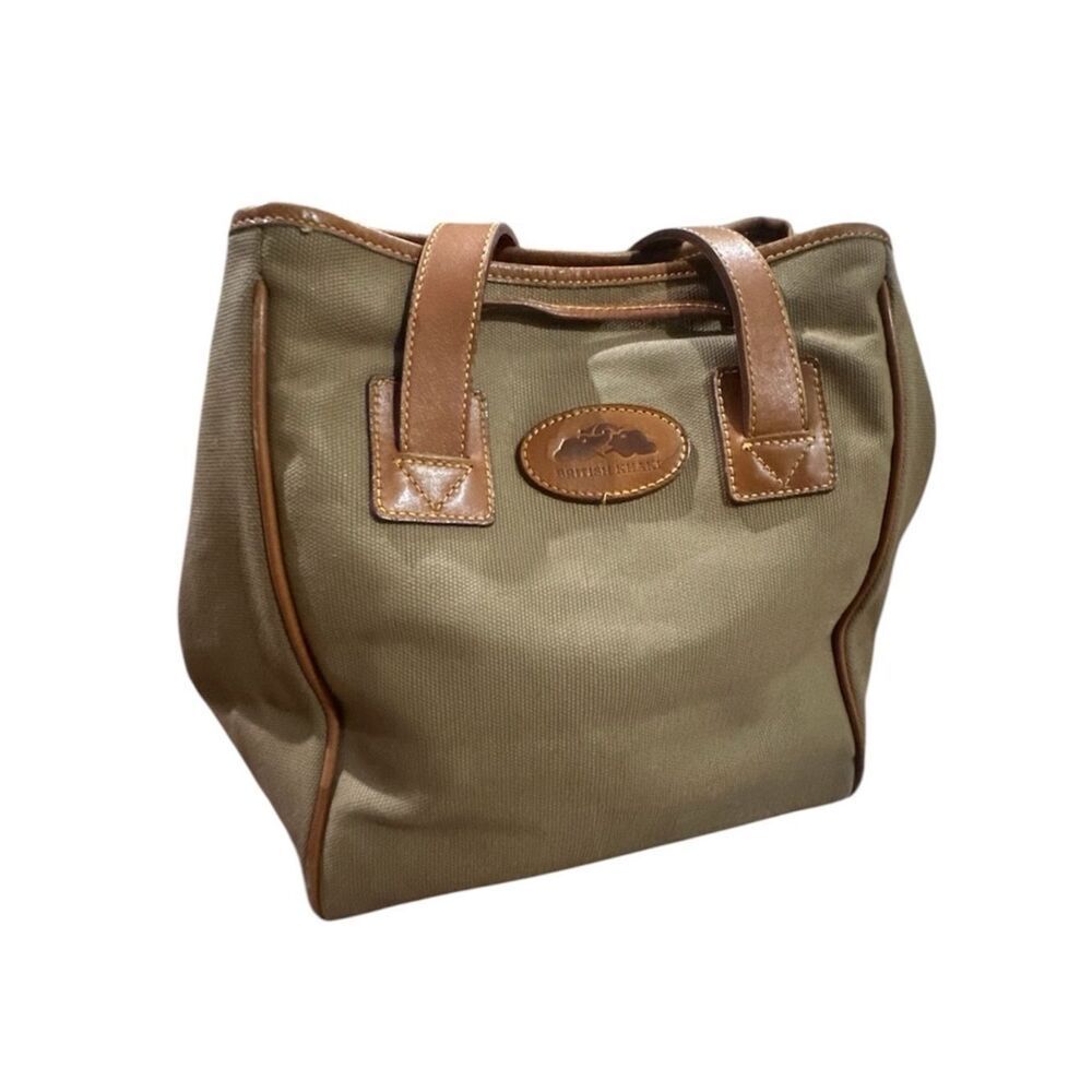 Vintage British Khaki Olive Canvas Tote with Brown Leather Trim